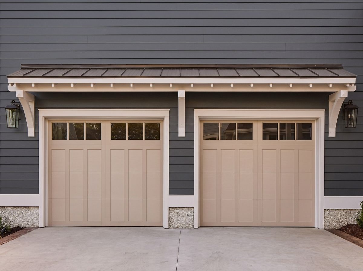Two beige carriage-style garage doors with top windows on a dark grey home