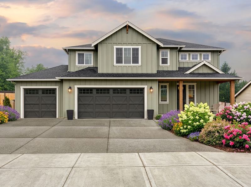 Charcoal carriage-style garage doors with X-pattern panels and top windows on a sage green home