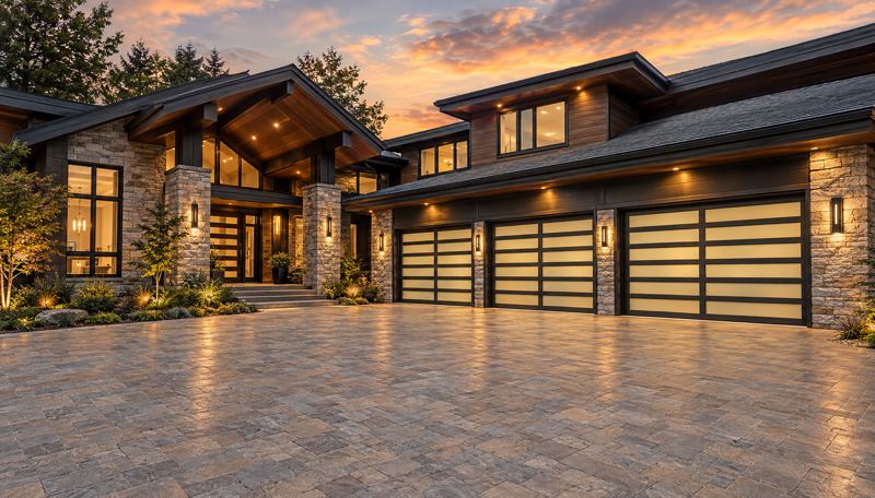 Three Crystal Series glass garage doors on a stone and timber home at sunset