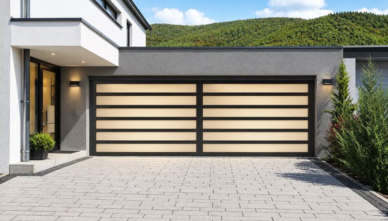 Crystal Series double garage door with frosted glass on a modern grey home