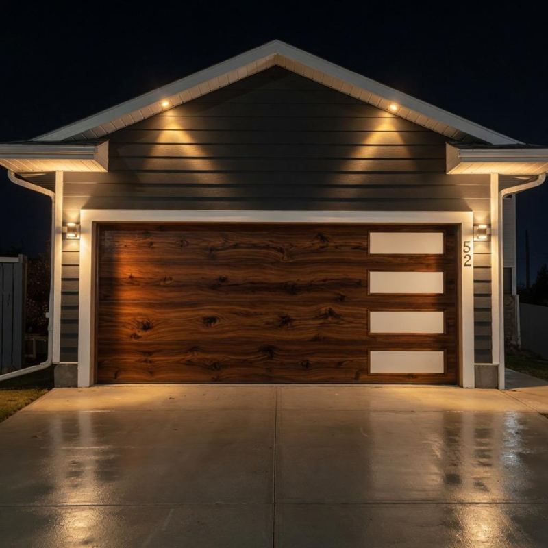Wood-grain garage door with side windows, lit at night