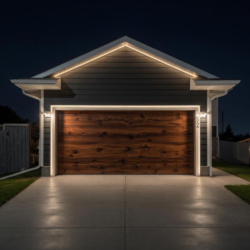 Wood-grain garage door on a new garage, lit at night